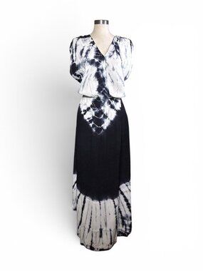 FRAICHE BY J Maxi Dress Sz L Navy White TieDye VNeck Sleeveless Tie Back Rayon